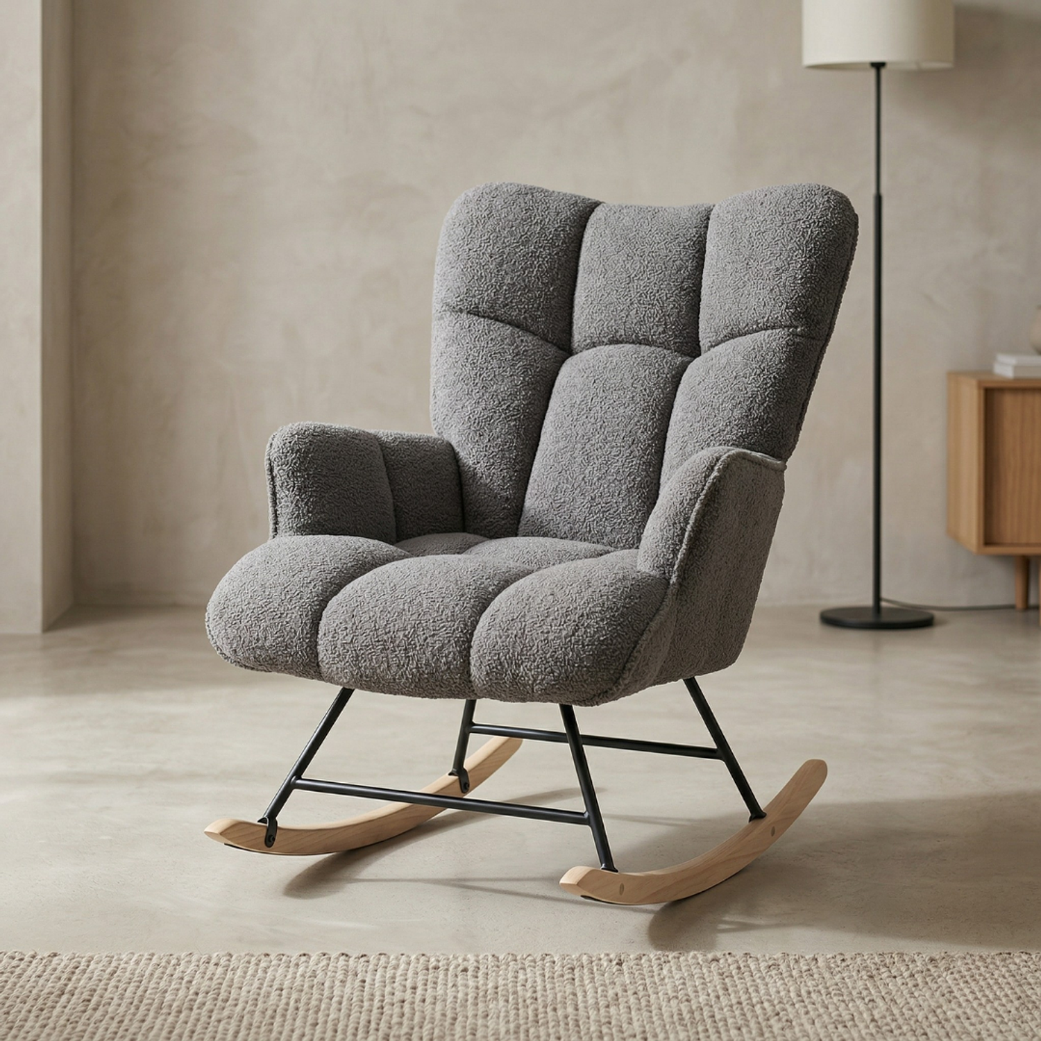 Silla Mecedora Moderna Bouclé Gris Acolchada para Living 1