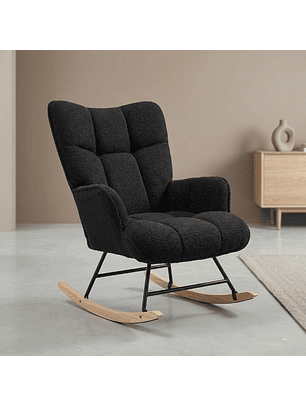 Silla Mecedora Moderna en Tela Bouclé Negra Patas de Madera 
