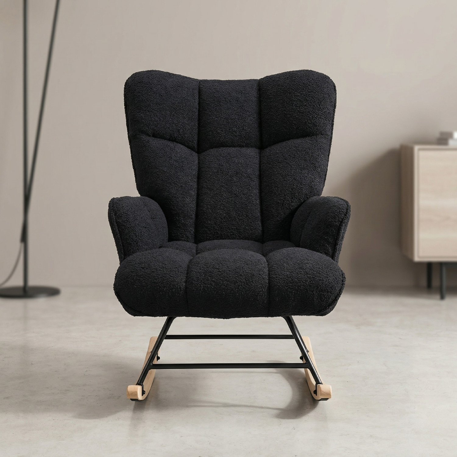 Silla Mecedora Moderna en Tela Bouclé Negra Patas de Madera  2