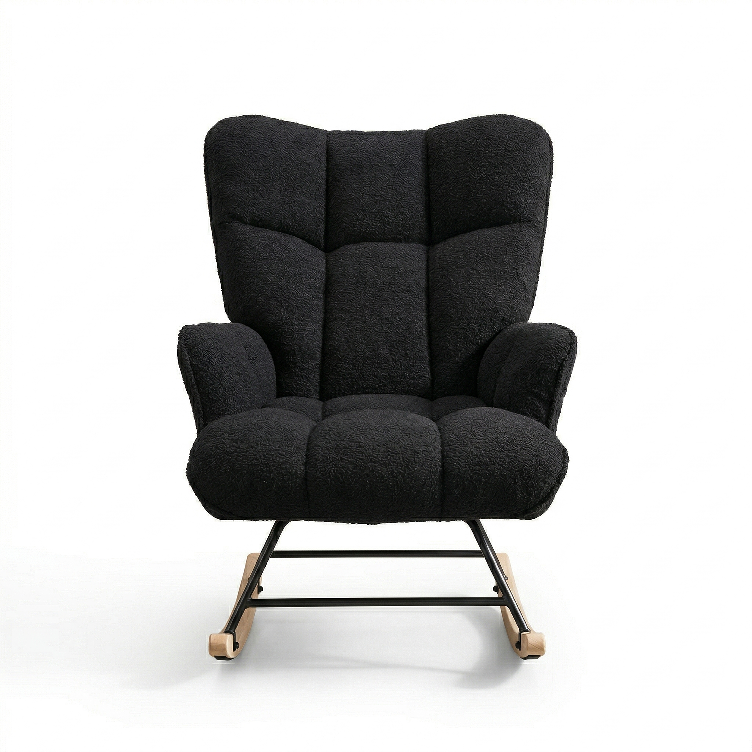 Silla Mecedora Moderna en Tela Bouclé Negra Patas de Madera  3