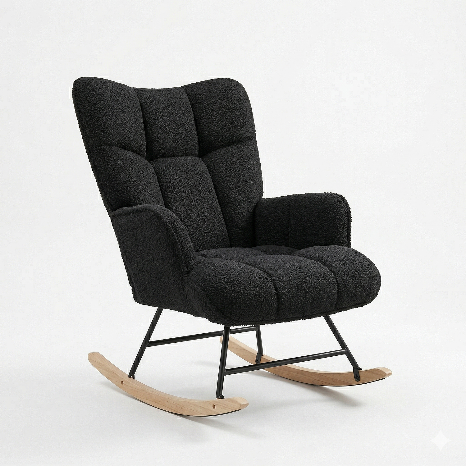 Silla Mecedora Moderna en Tela Bouclé Negra Patas de Madera  4