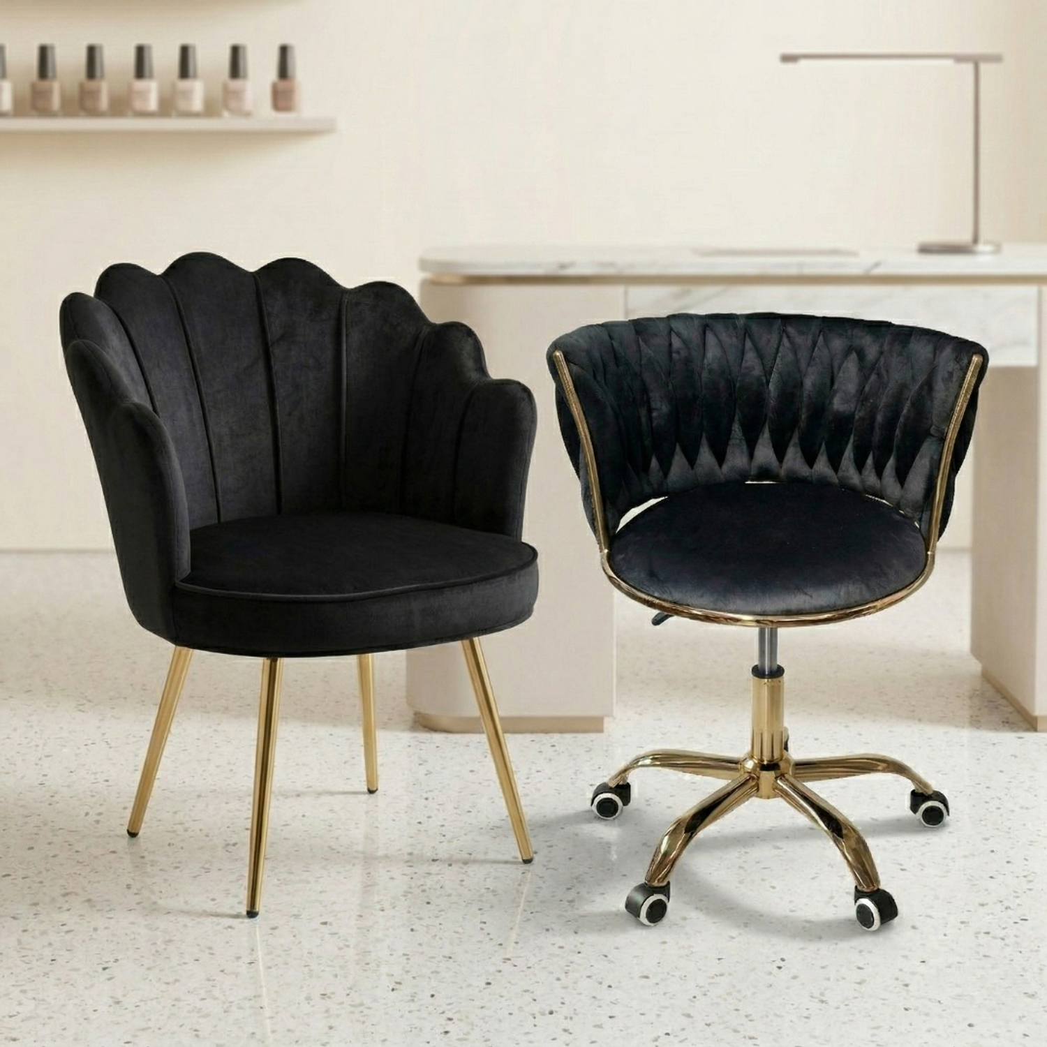 Set de 2 Sillas de Manicura Profesional una Fija y Con Ruedas para Salón de Uñas Moderno 7