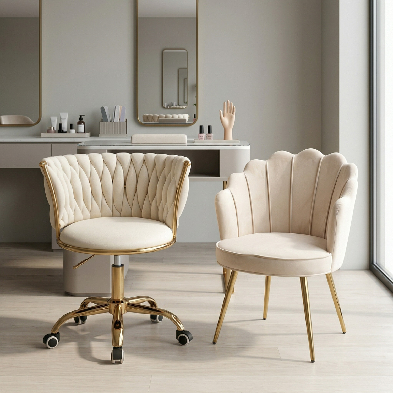 Set de 2 Sillas de Manicura Profesional una Fija y Con Ruedas para Salón de Uñas Moderno 9