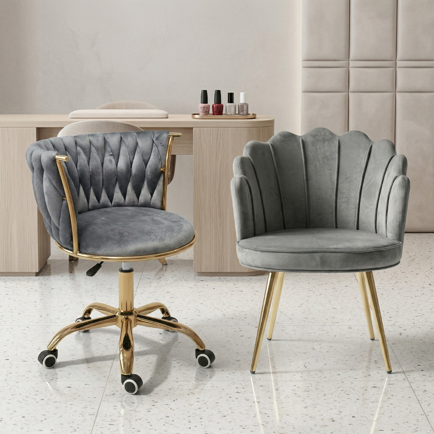 Set de 2 Sillas de Manicura Profesional una Fija y Con Ruedas para Salón de Uñas Moderno 2