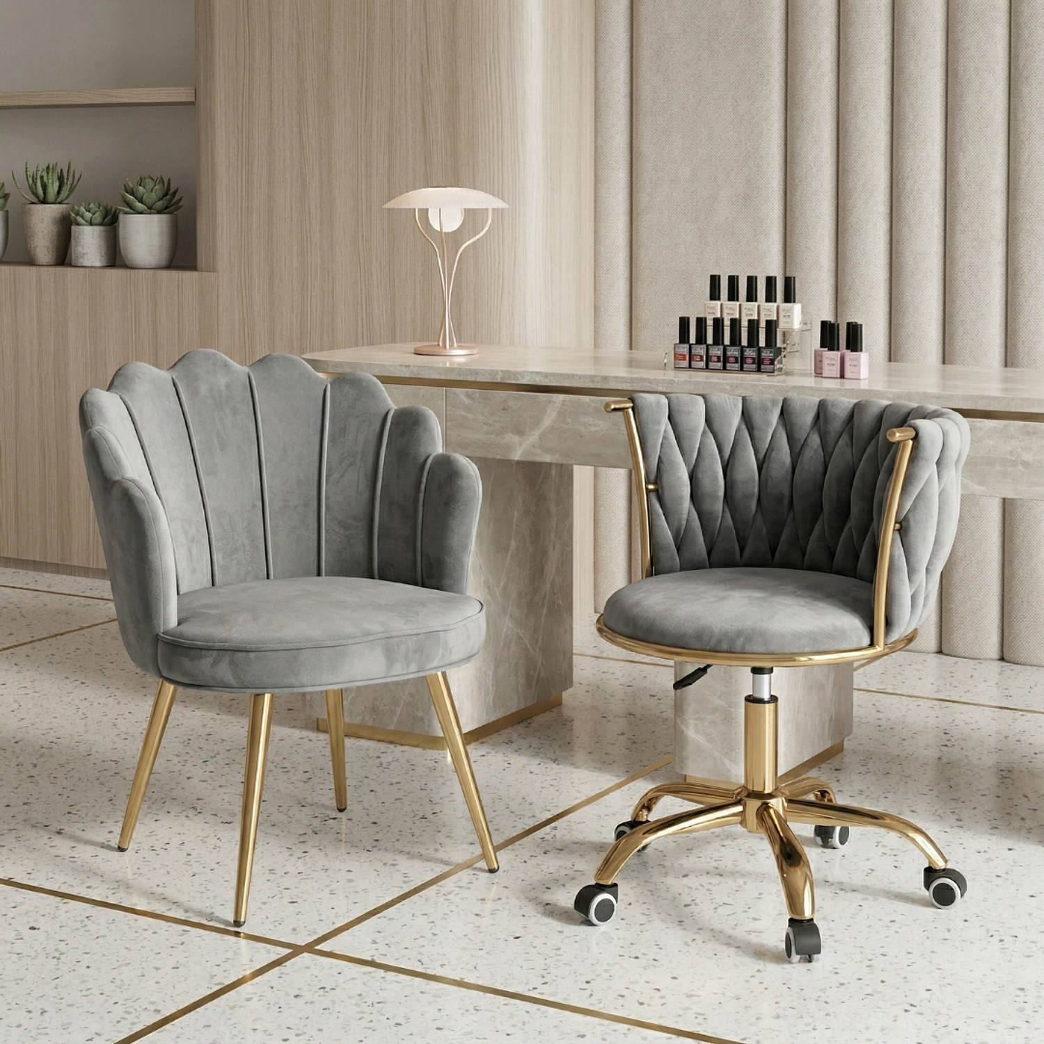 Set de 2 Sillas de Manicura Profesional una Fija y Con Ruedas para Salón de Uñas Moderno 1