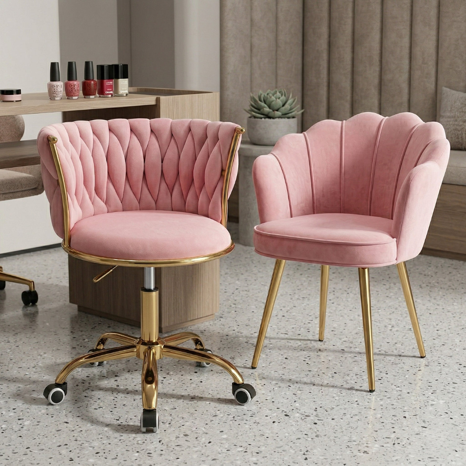 Set de 2 Sillas de Manicura Profesional una Fija y Con Ruedas para Salón de Uñas Moderno 4