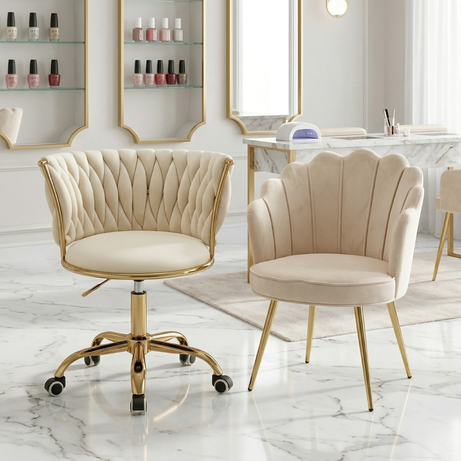 Set de 2 Sillas de Manicura Profesional una Fija y Con Ruedas para Salón de Uñas Moderno 10