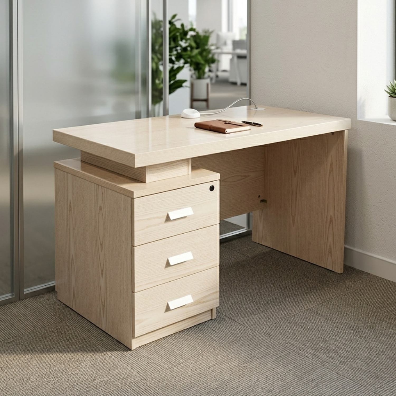 Escritorio Ejecutivo de Madera Beige con Cajones Estilo Clásico 2