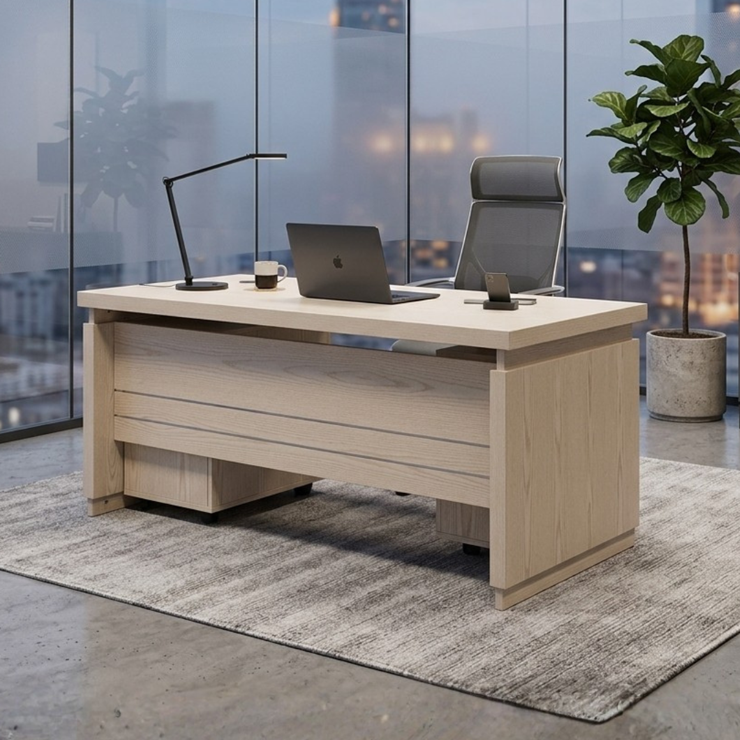 Escritorio Ejecutivo de Madera con 2 Cajones y Gabinete Beige para Oficina 3