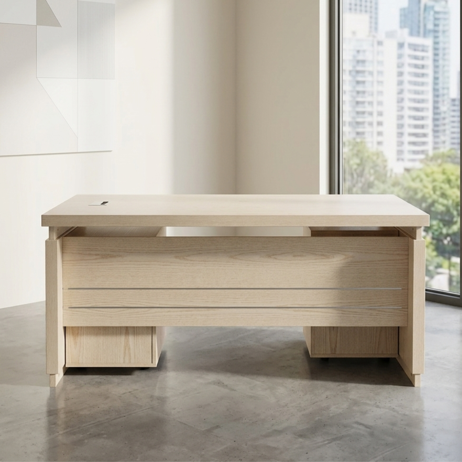 Escritorio Ejecutivo de Madera con 2 Cajones y Gabinete Beige para Oficina 1