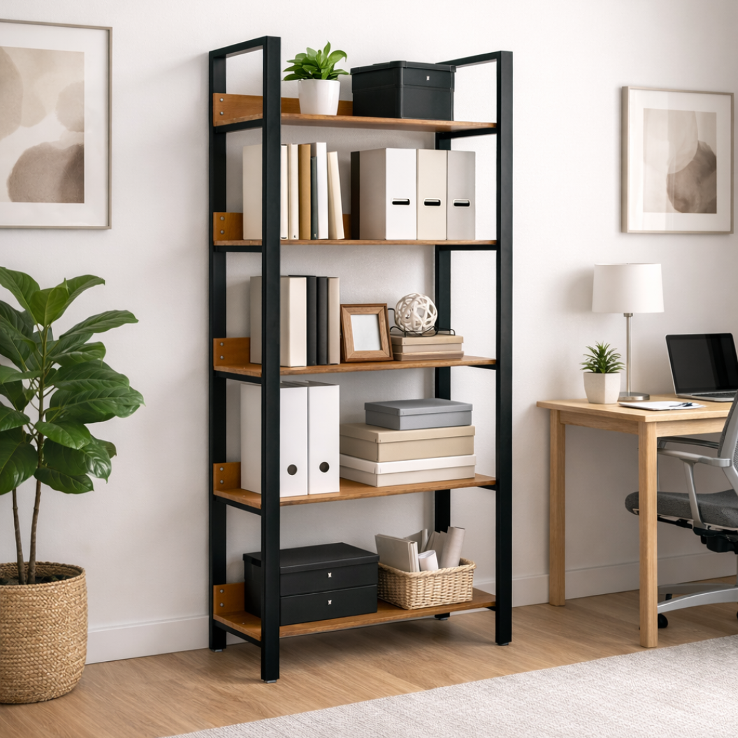 Estantería Moderno Minimalista de Madera y Hierro para Oficina y Hogar 4