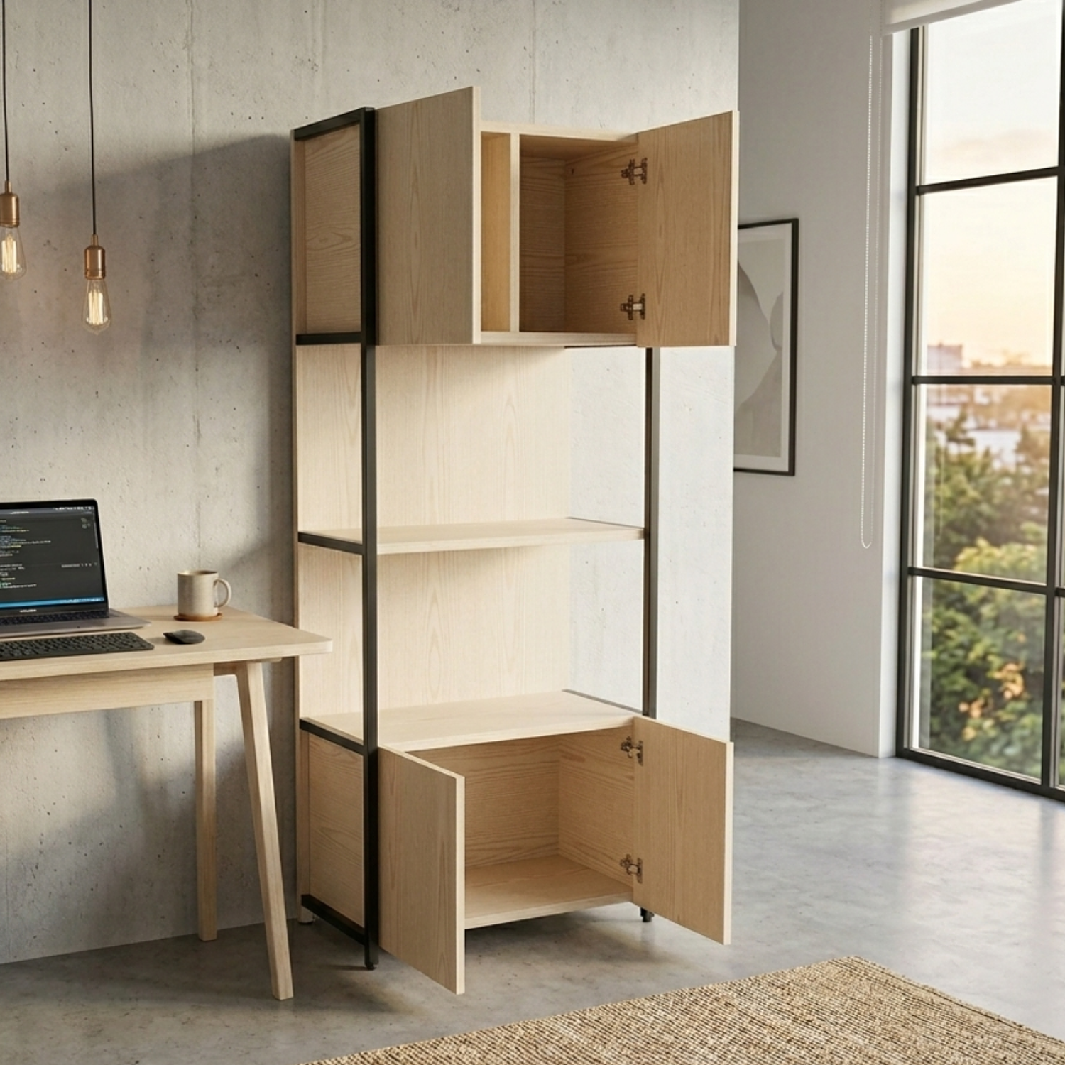 Estantería de Madera y Hierro con 2 Cajones y 2 Repisas para Oficina u Hogar 3