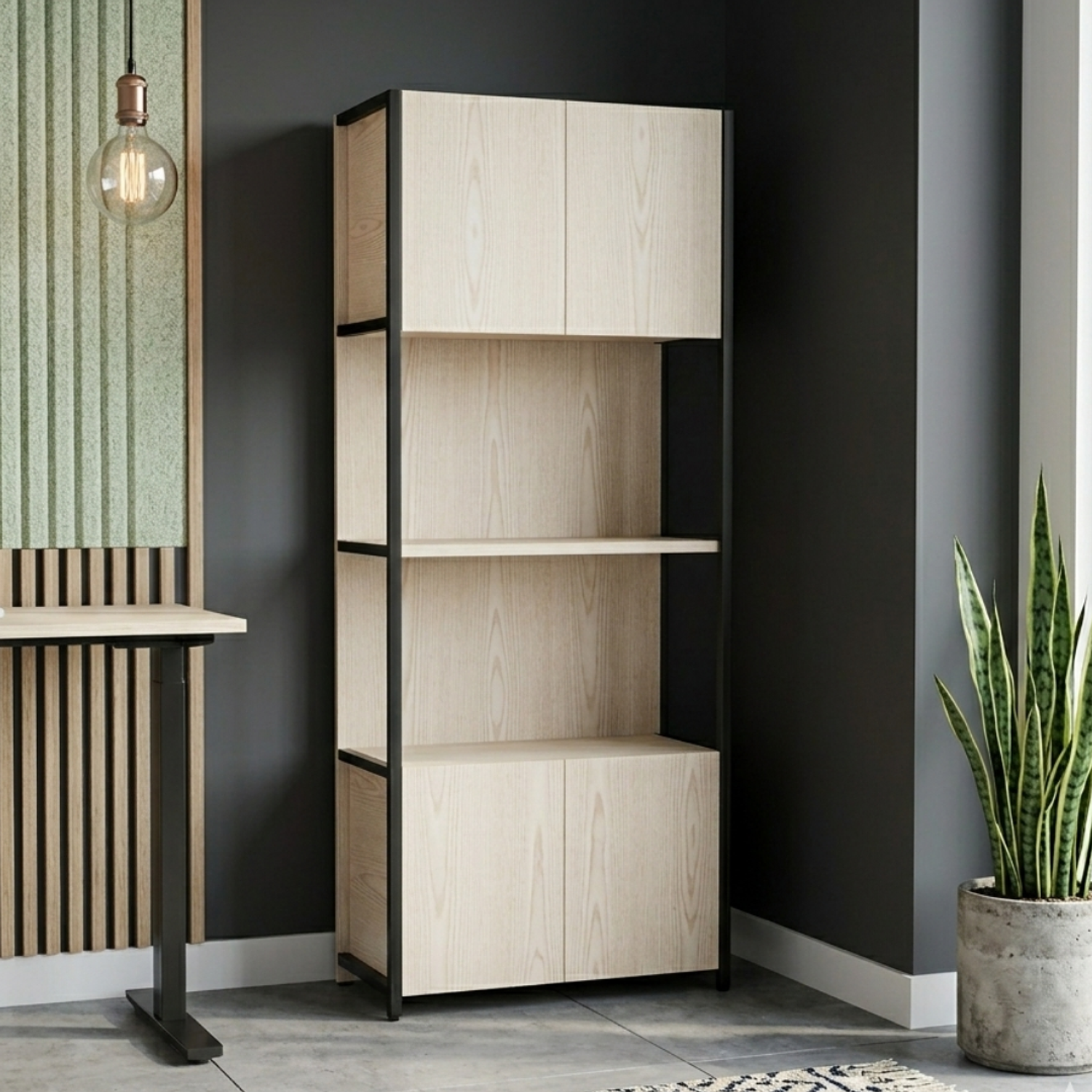 Estantería de Madera y Hierro con 2 Cajones y 2 Repisas para Oficina u Hogar 1