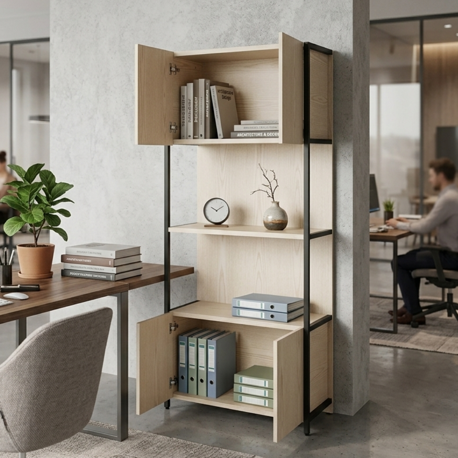 Estantería de Madera y Hierro con 2 Cajones y 2 Repisas para Oficina u Hogar 4