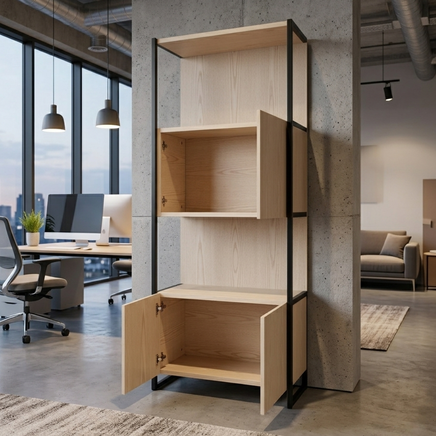 Estantería para Oficina de Madera y Hierro con 2 Repisas y 2 Cajones  2