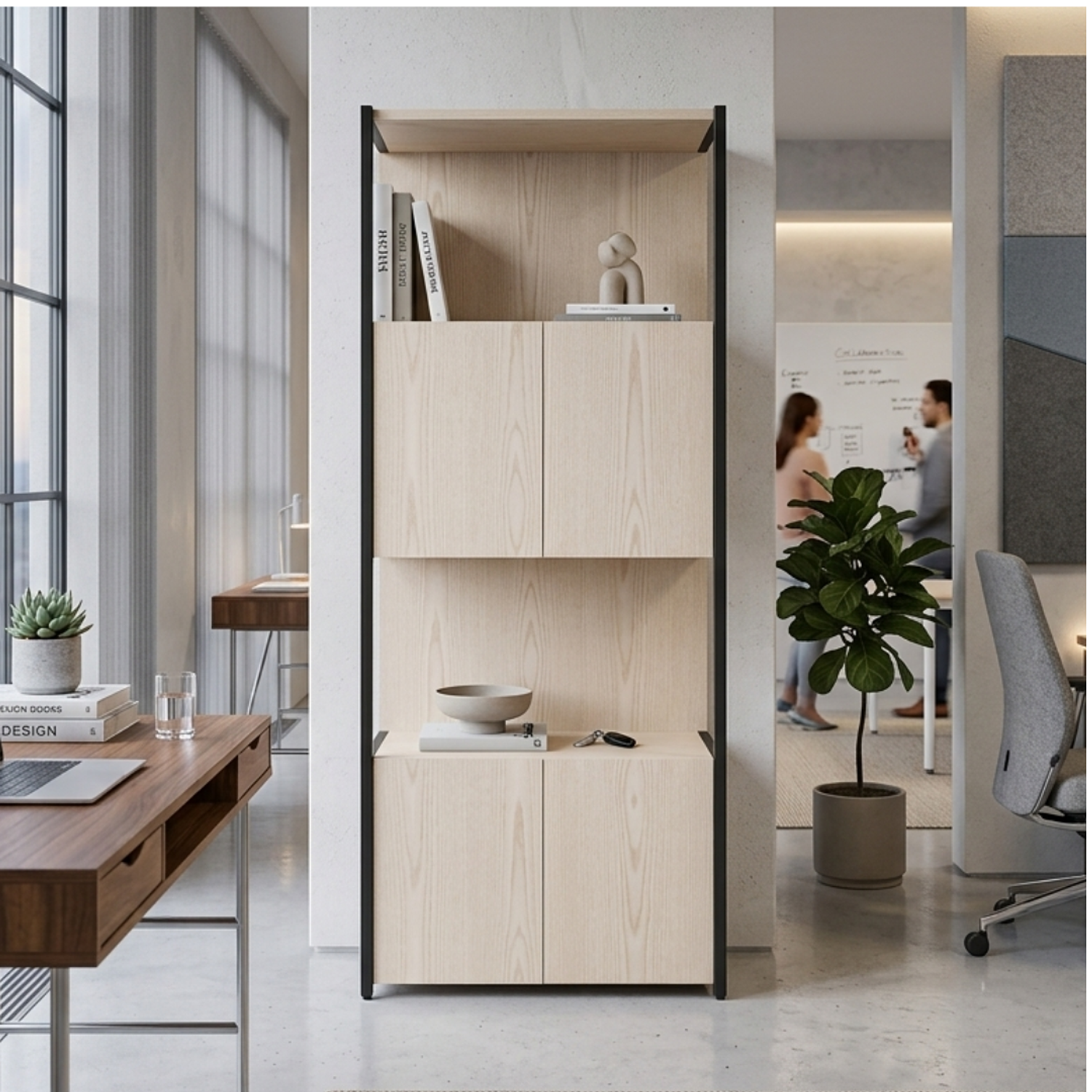 Estantería para Oficina de Madera y Hierro con 2 Repisas y 2 Cajones  3