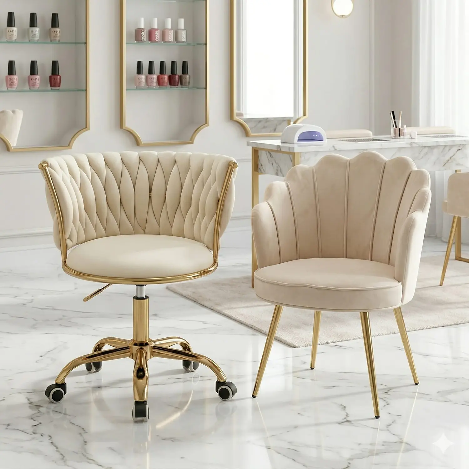 Set de 2 Sillas de Manicura Profesional una Fija y Con Ruedas para Salón de Uñas Moderno 12
