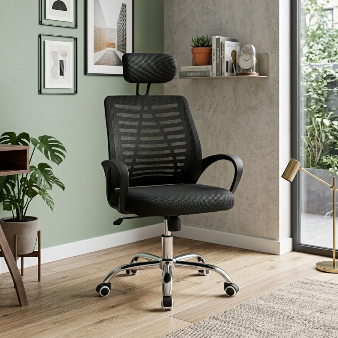 Silla Semi Ergonómica de Oficina con Cabecera Ajustable Negra y Azul – Respaldo Transpirable y Base Cromada