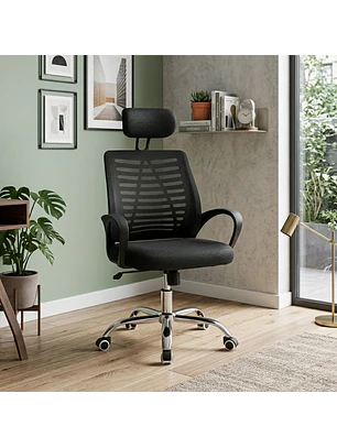 Silla Ergonómica de Oficina con Cabecera Ajustable Negra y Azul – Respaldo Transpirable y Base Cromada