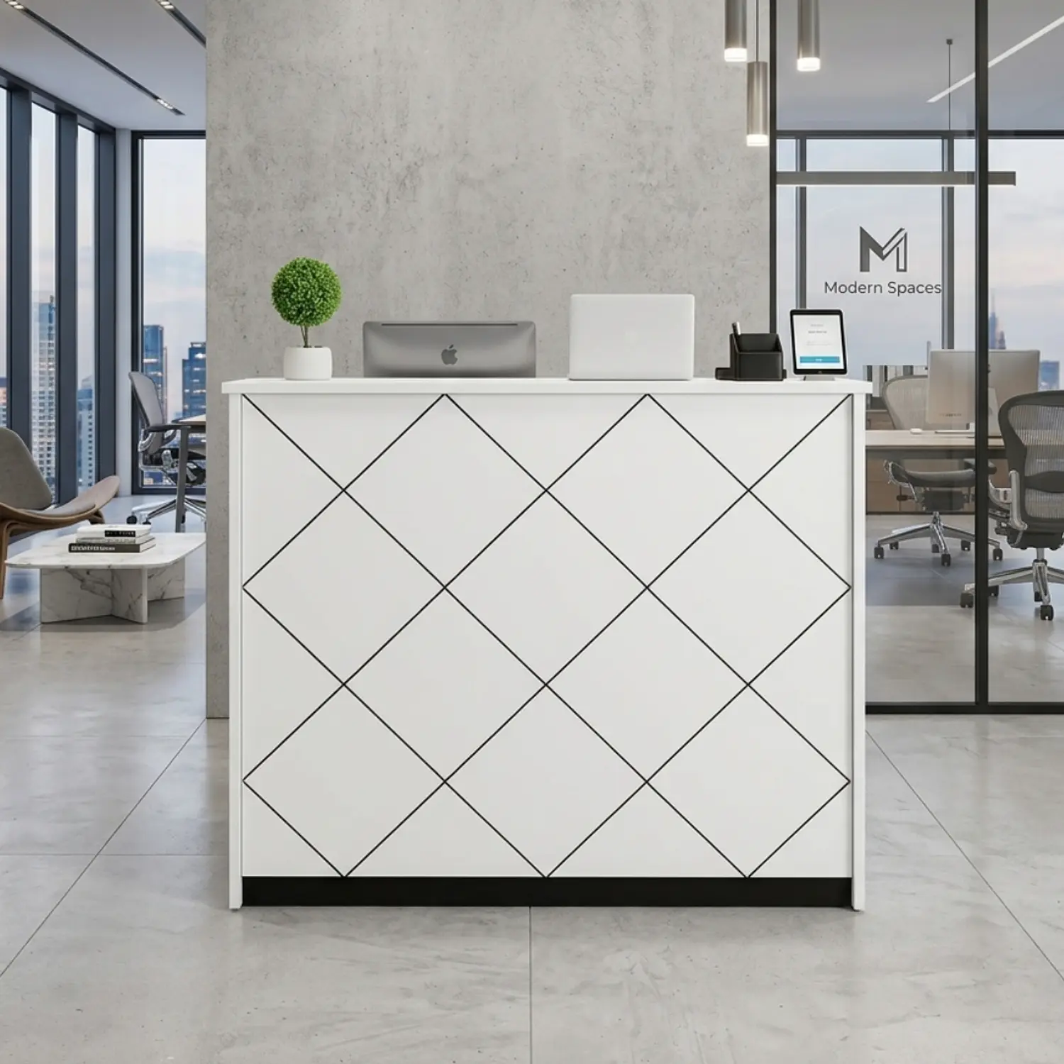 Mostrador de Recepción Blanco con Diseño Rombo Moderno 3