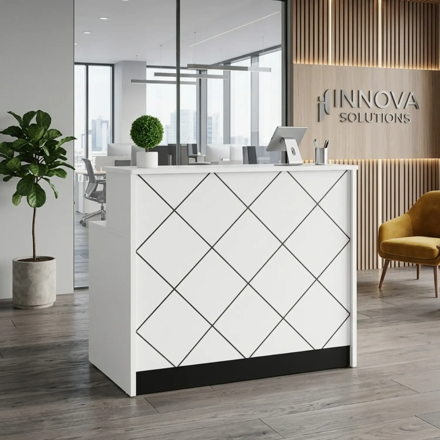 Mostrador de Recepción Blanco con Diseño Rombo Moderno 1