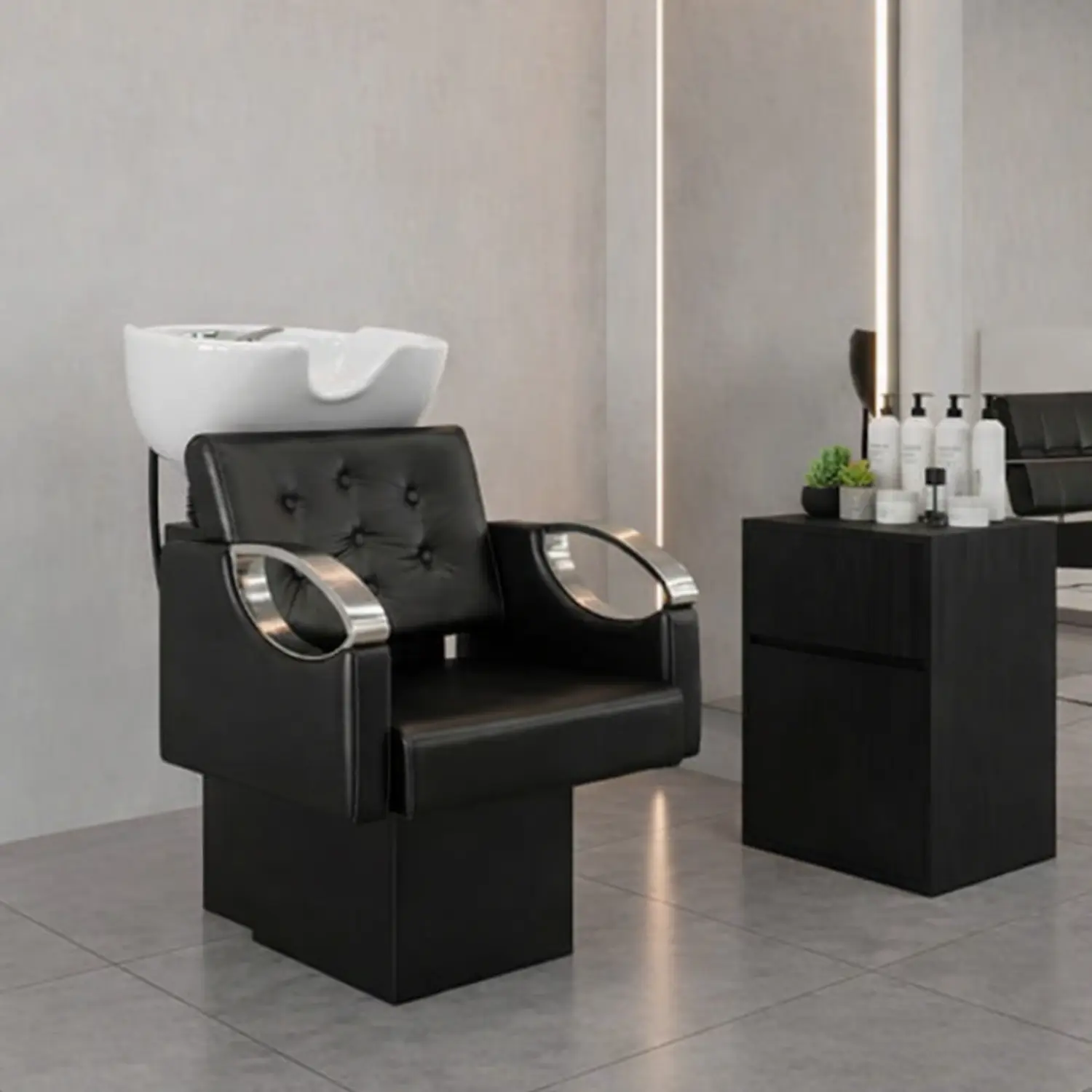 Lavapelo Profesional para Peluquería con Sillón Acolchado y Lavacabeza Cerámico Negro y Blanco 5