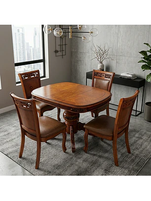 Comedor Ovalado Extensible y 4 Sillas de Madera Roble Americano