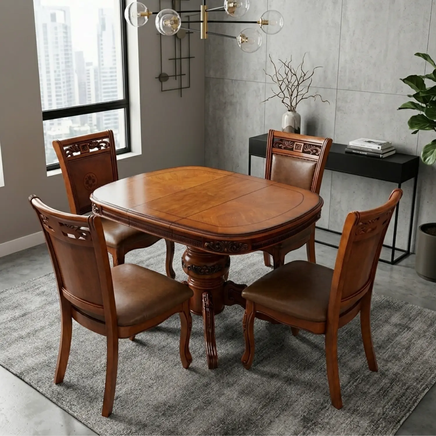 Comedor Ovalado Extensible y 4 Sillas de Madera Roble Americano 1
