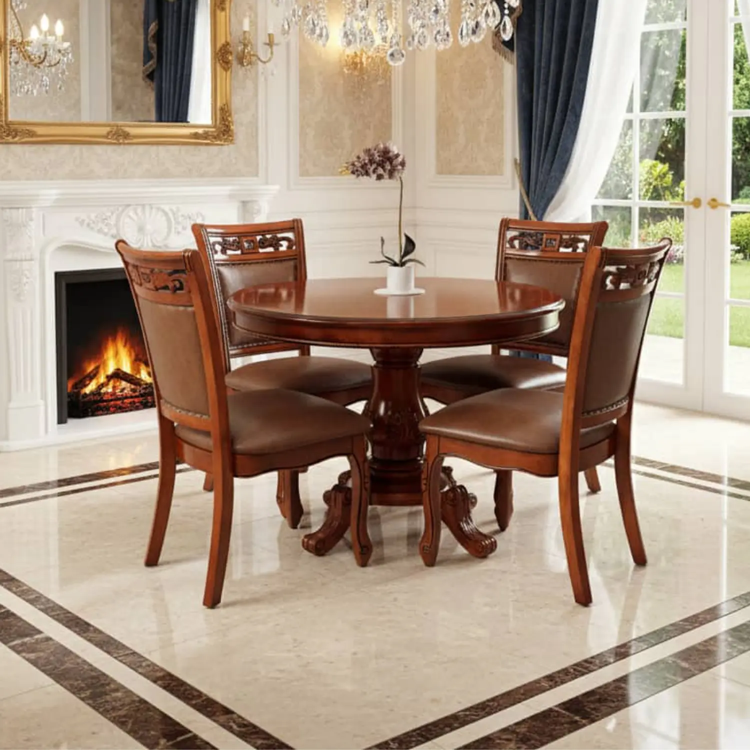 Comedor Ovalado Retráctil y 4 Sillas Madera Roble Americano 1