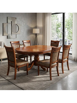 Comedor de 6 Sillas Oval Tallado en Madera Roble Americano 