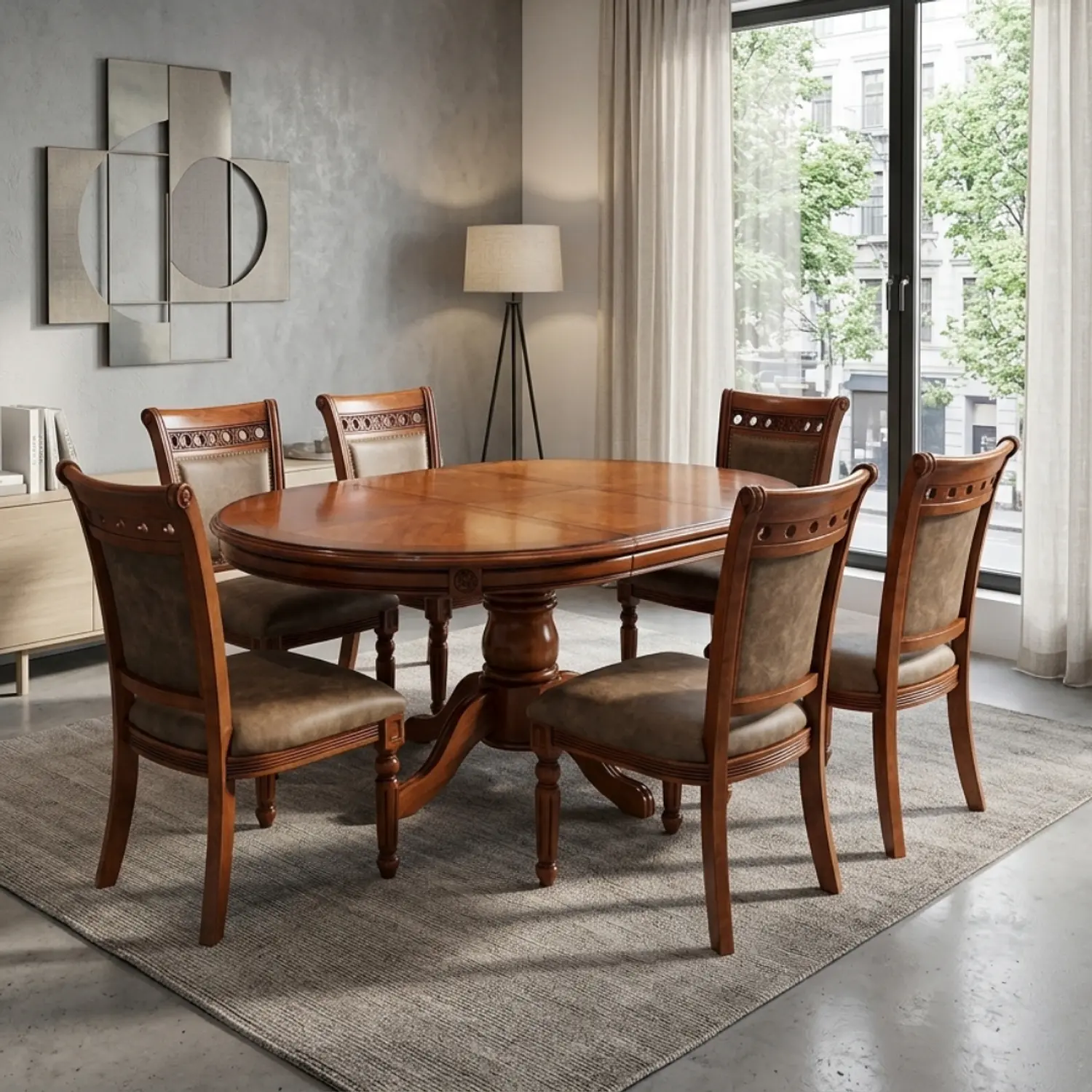 Comedor de 6 Sillas Oval Tallado en Madera Roble Americano  1