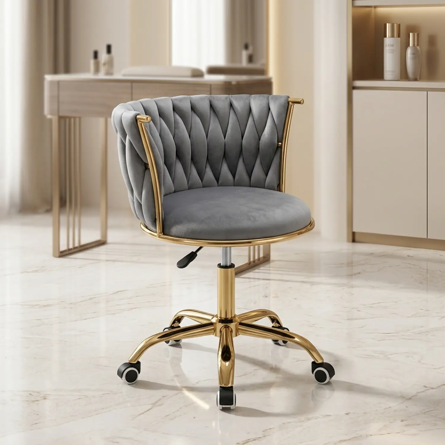 Silla Manicure Profesional Velvet con Ruedas y Base Dorada Monaco para Salón de Belleza 1