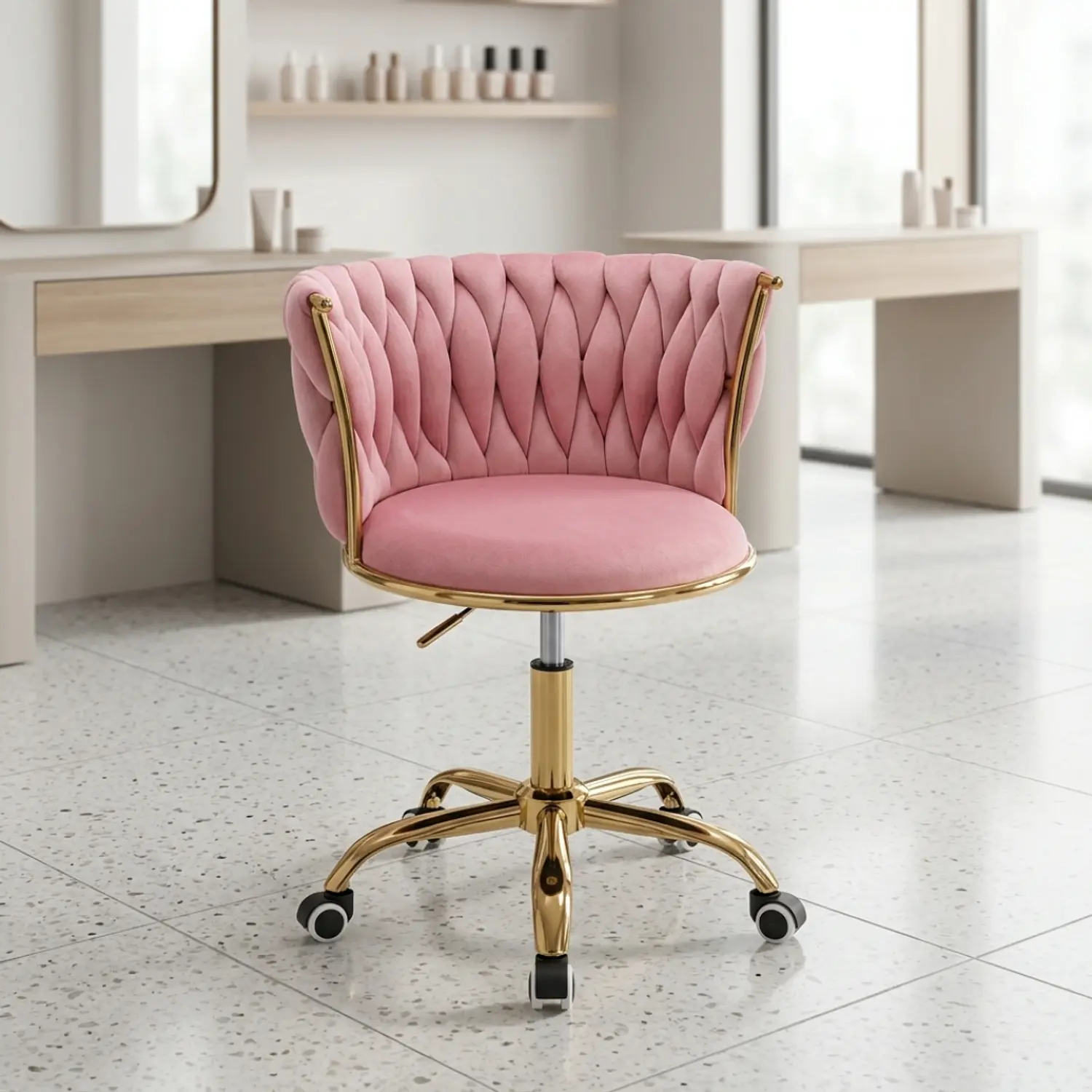 Silla Manicure Profesional Velvet con Ruedas y Base Dorada Monaco para Salón de Belleza 3