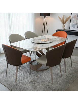  Comedor Rectangular con Cubierta en Piedra Sinterizada y 6 sillas en Ecocuero