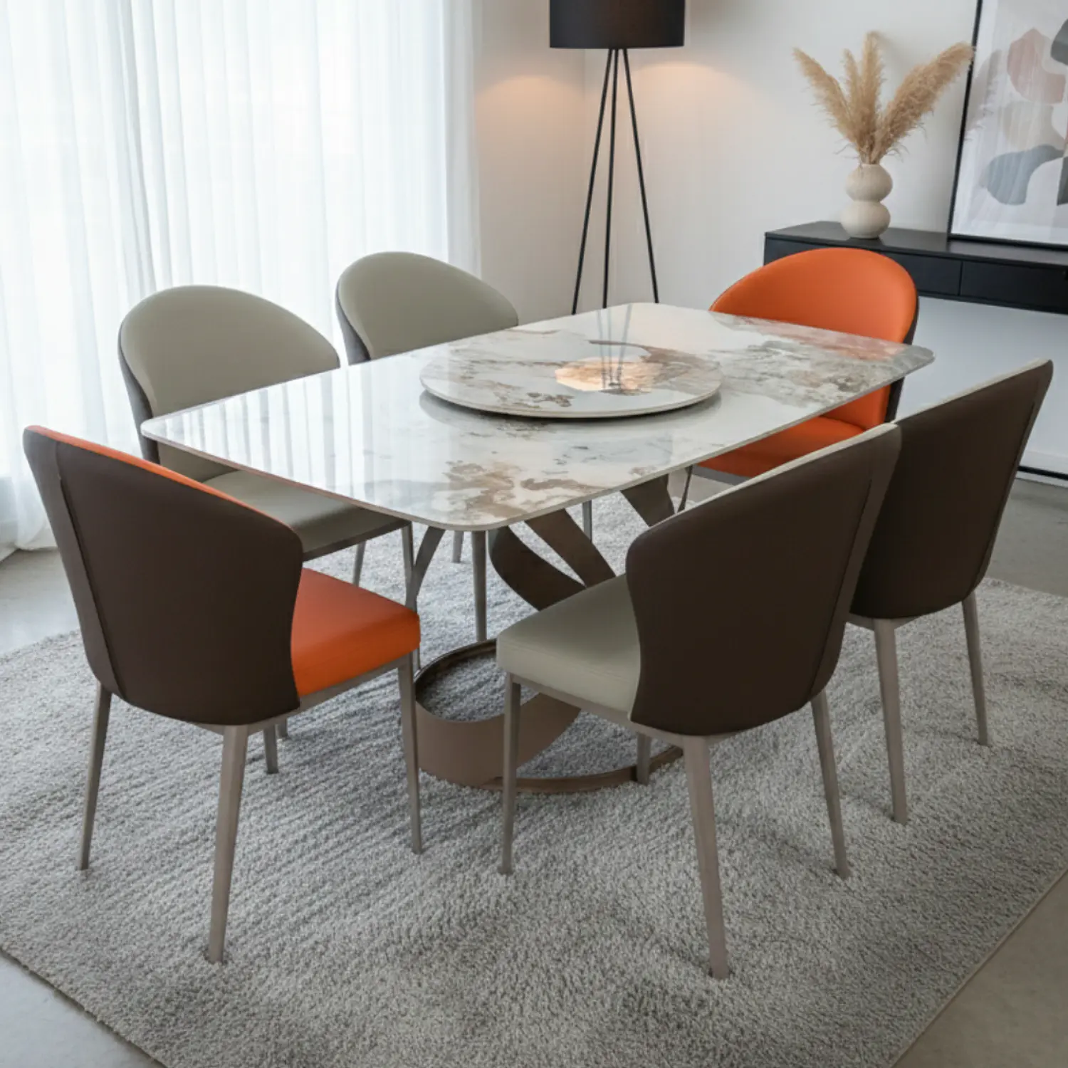  Comedor Rectangular con Cubierta en Piedra Sinterizada y 6 sillas en Ecocuero 1