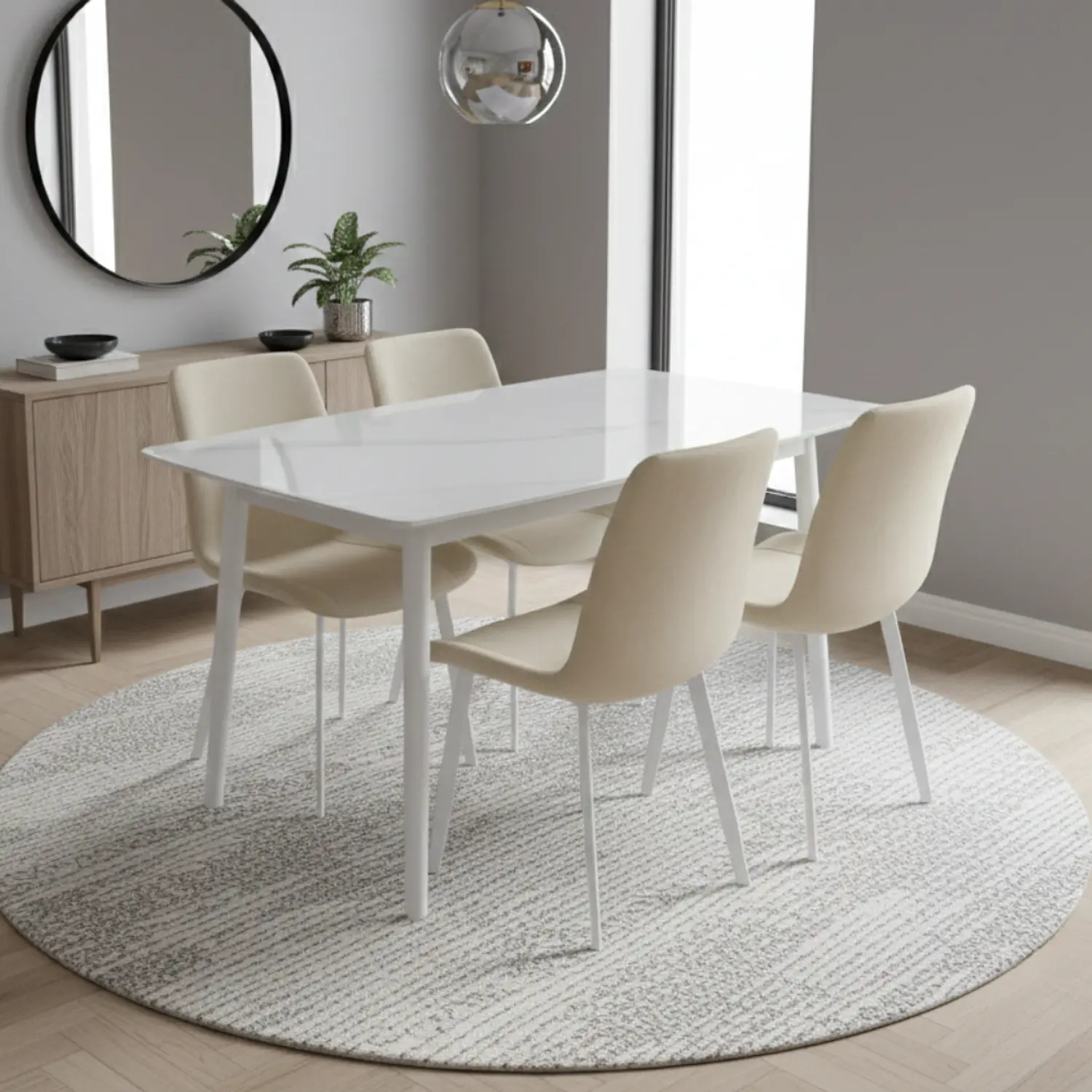 Comedor Rectangular con Diseño Mármol Blanco con 4 Sillas Color Beige 1