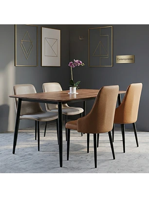 Comedor Rectangular con Acabado Roble y 4 Sillas Tapizadas