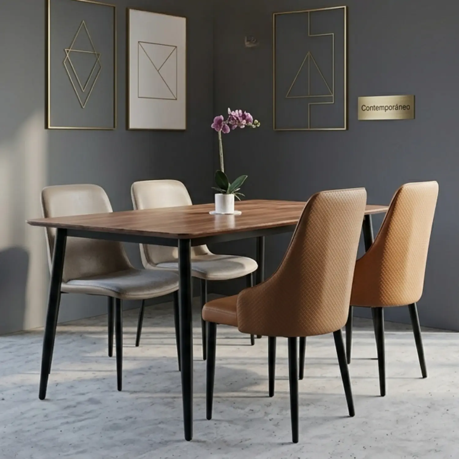 Comedor Rectangular con Acabado Roble y 4 Sillas Tapizadas 1