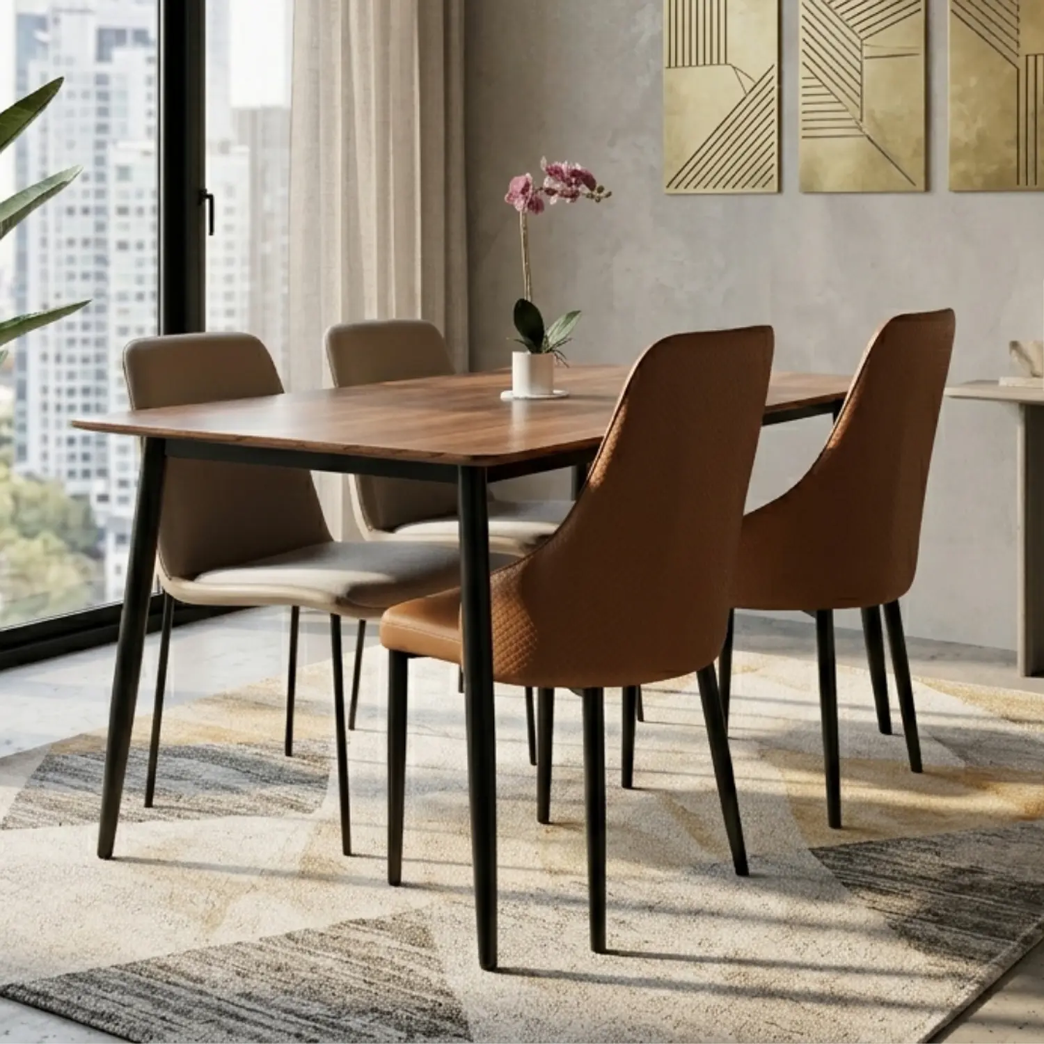 Comedor Rectangular con Acabado Roble y 4 Sillas Tapizadas 2