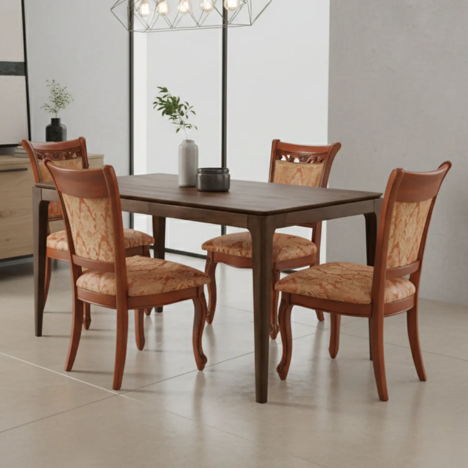 Juego de Comedor Rectangular de Madera con 4 Sillas con Detalles en el Tapiz  1