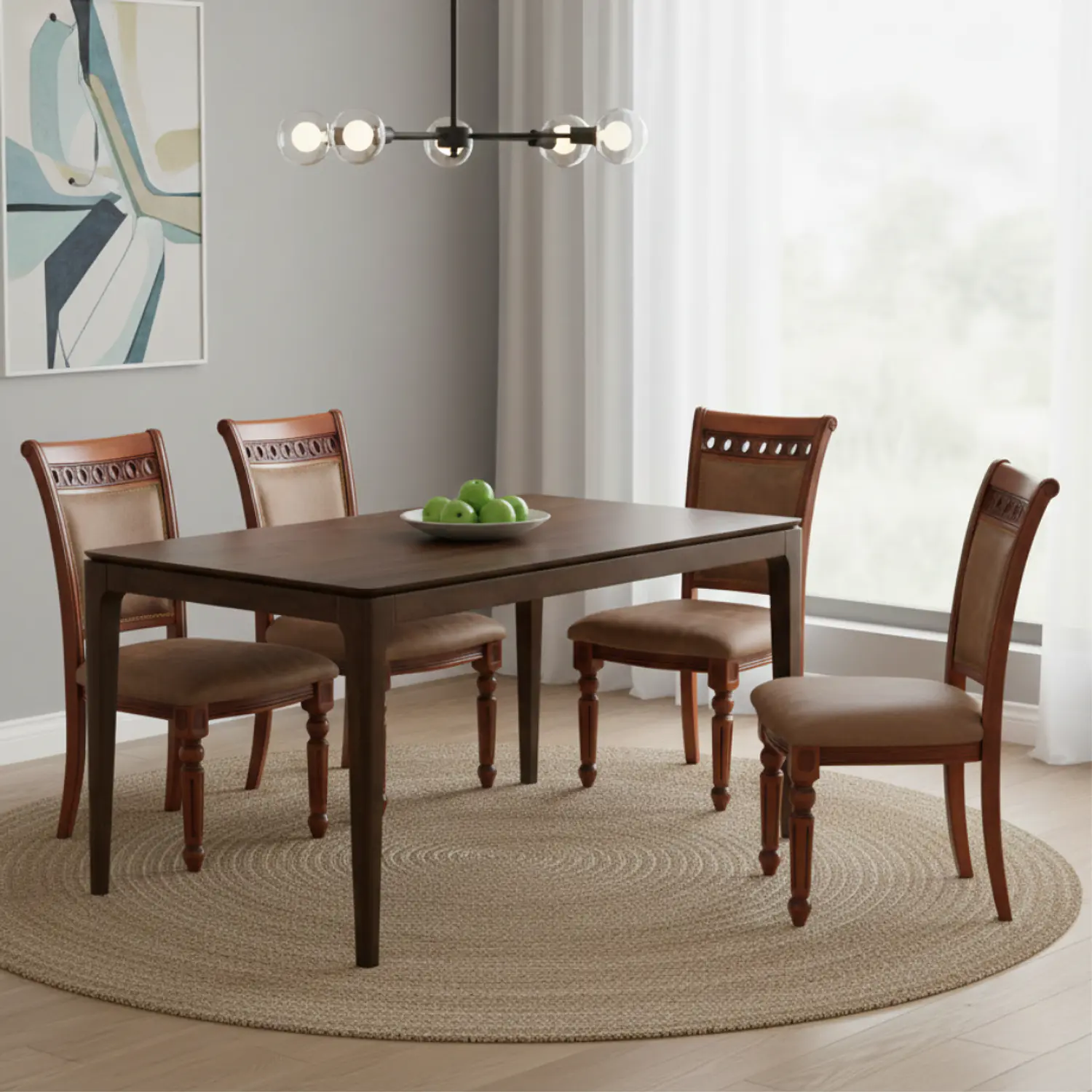 Comedor Clásico Rectangular de Madera con 4 Sillas Acolchadas 1