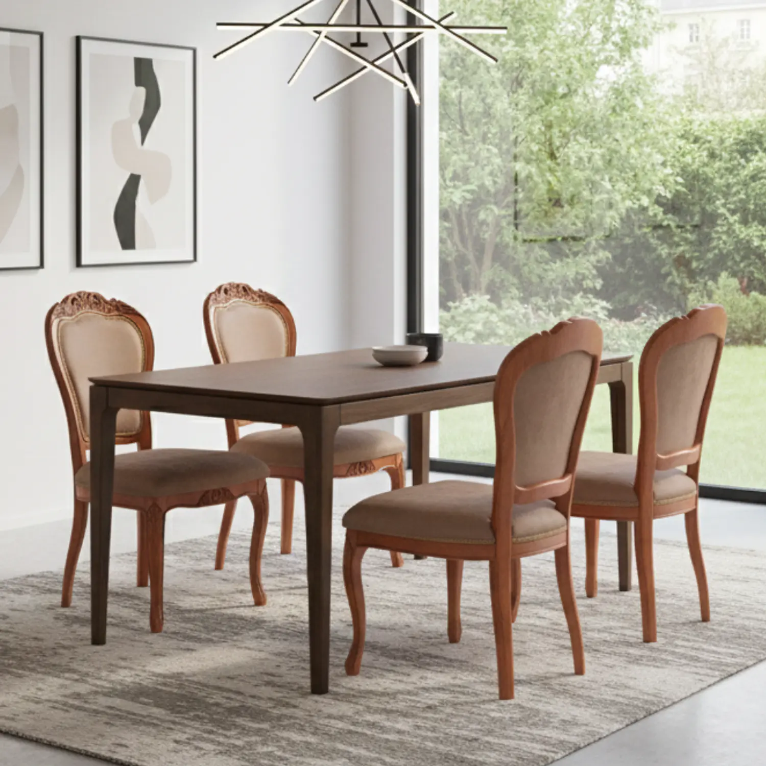 Comedor Clásico Rectangular de Madera con 4 Sillas Tapizadas Elegante y Minimalista 1