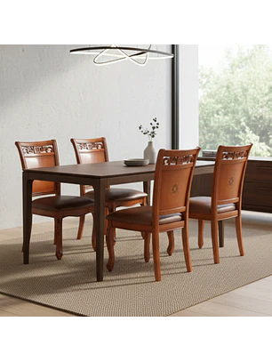 Juego de Comedor Clásico Rectangular de Madera con 4 Sillas Tapizadas