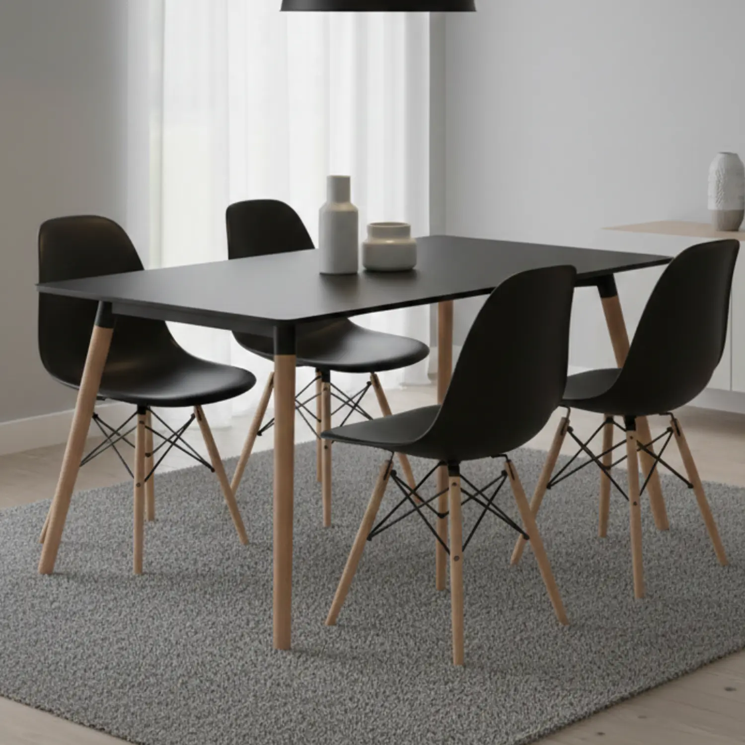 Mesa de Comedor Moderna Negra 120x80 Estilo Nórdico con Patas de Madera de Haya 2