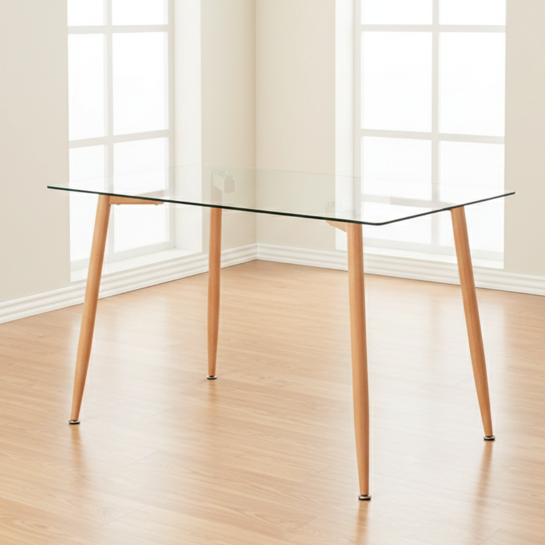 Mesa Rectangular 4 Puestos en Vidrio y Pata Tipo Madera 120x80 cm