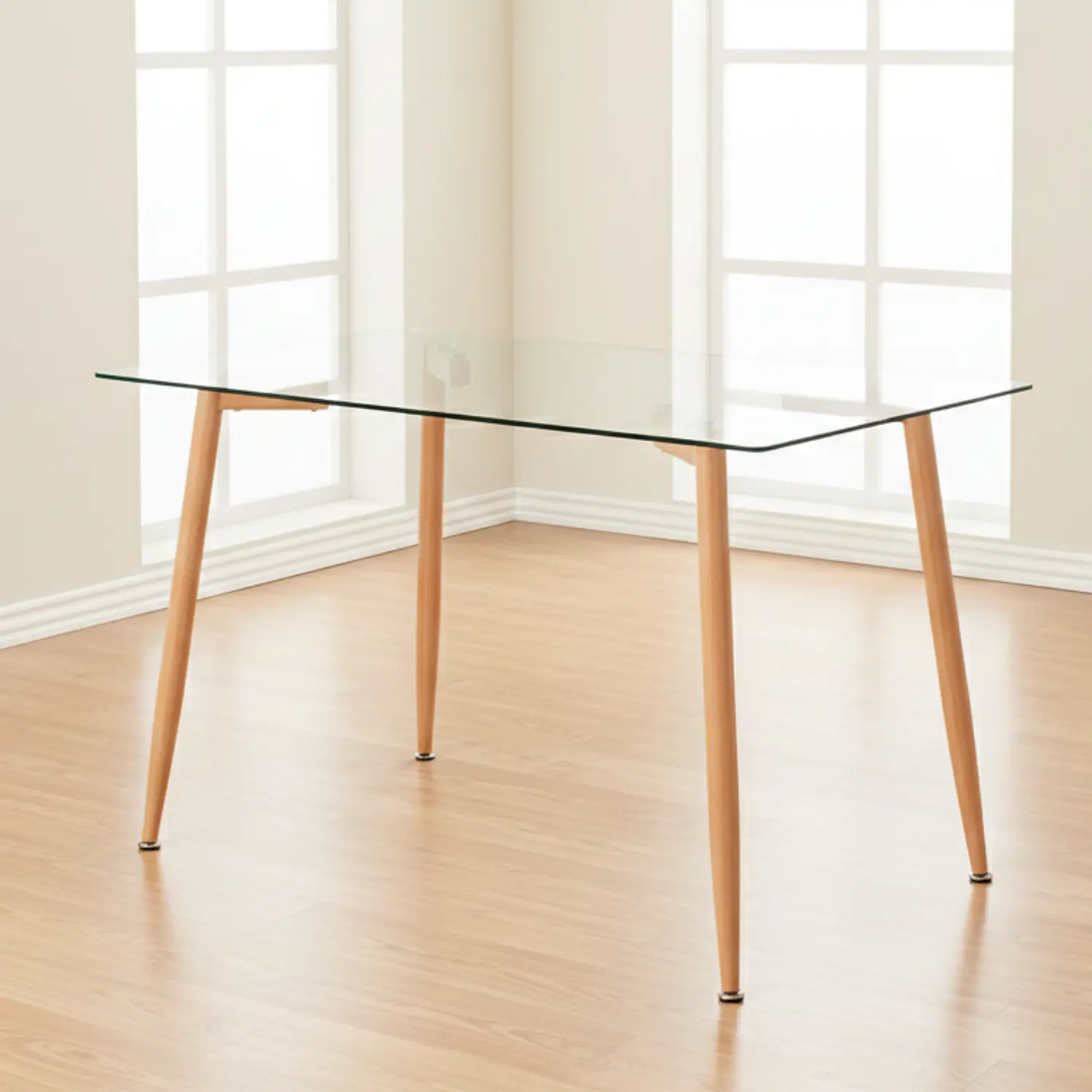 Mesa Rectangular 4 Puestos en Vidrio y Pata Tipo Madera 120x80 cm 1