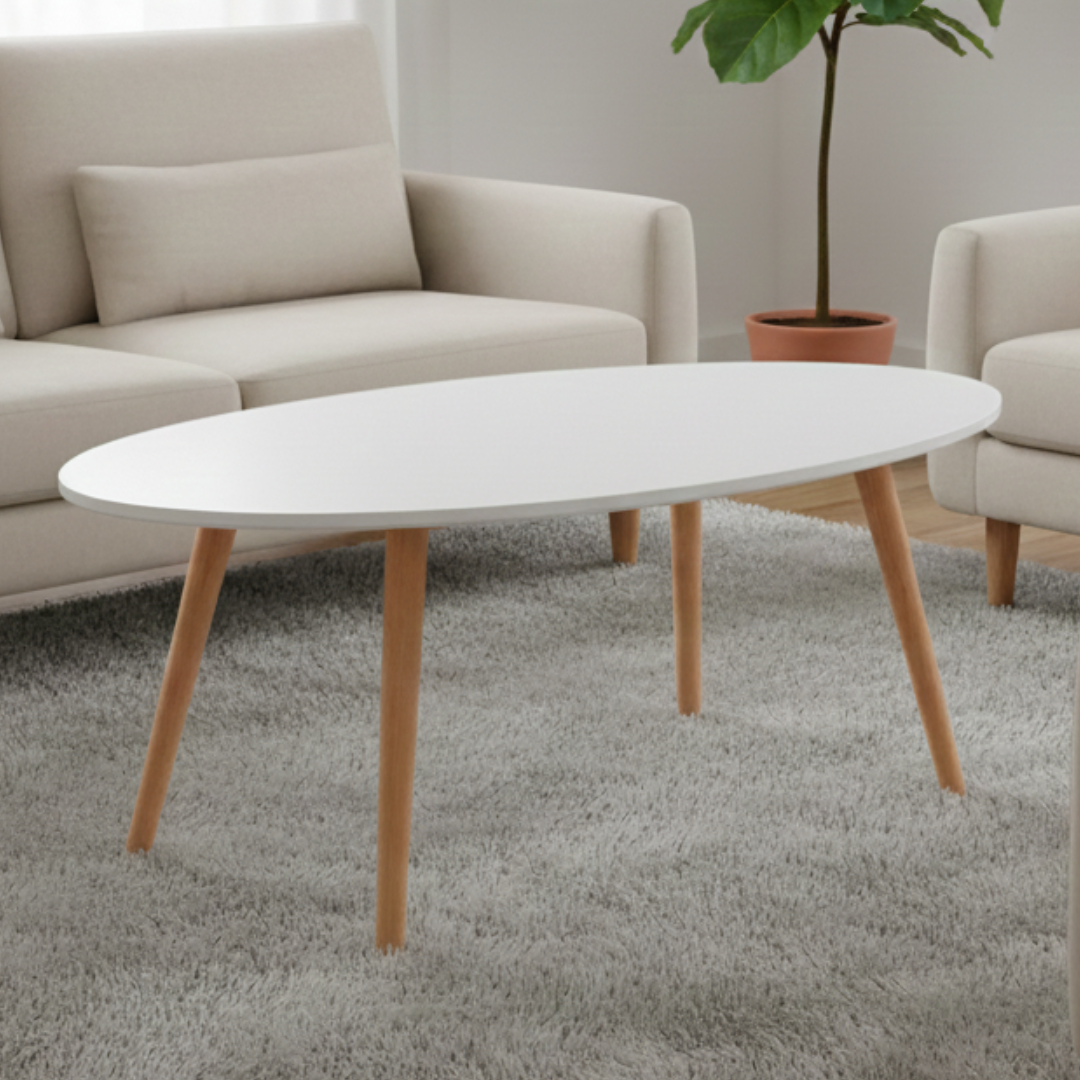 Mesa de Centro Ovalada Blanca con Patas de Madera 100x50cm