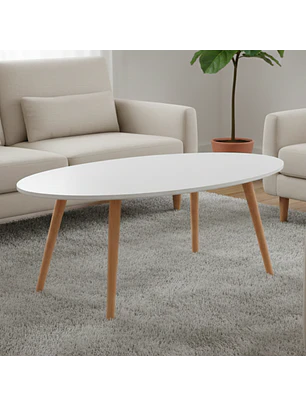 Mesa de Centro Ovalada Blanca con Patas de Madera 100x50cm