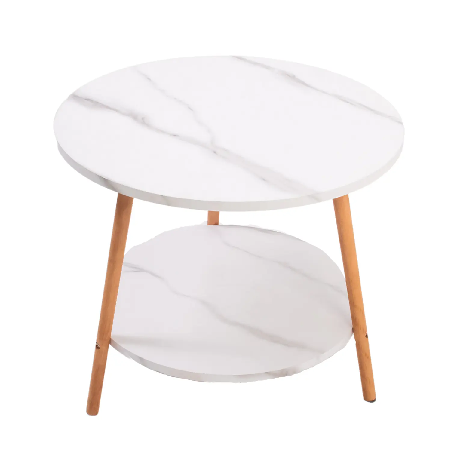 Mesa de Centro Nórdica de Dos Niveles con Efecto Mármol Blanco y Patas de Madera 3