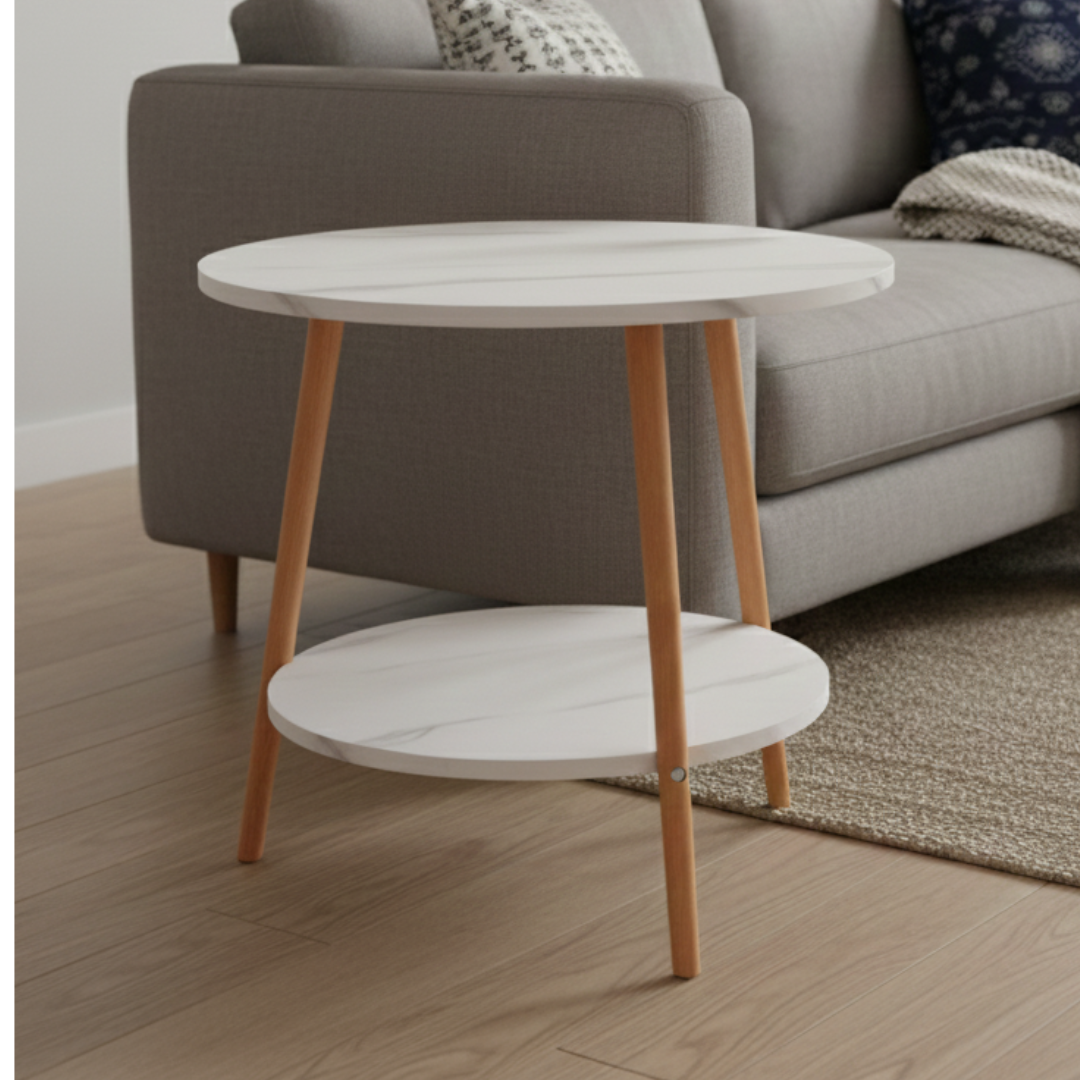 Mesa de Centro Nórdica de Dos Niveles con Efecto Mármol Blanco y Patas de Madera
